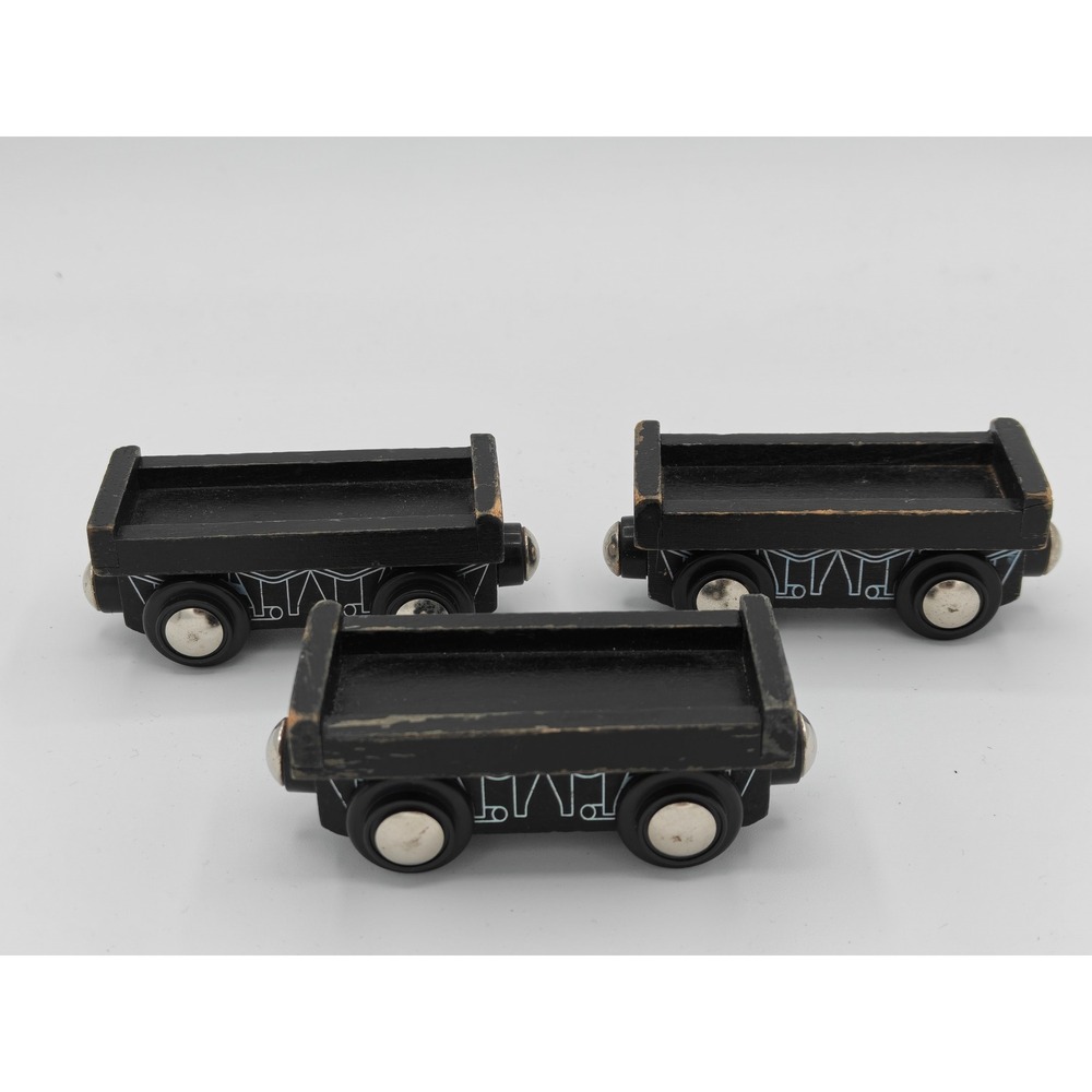 Lot of 3 Black Wooden Magnetic Train Cars Flatbed Tender Railway Toy Set